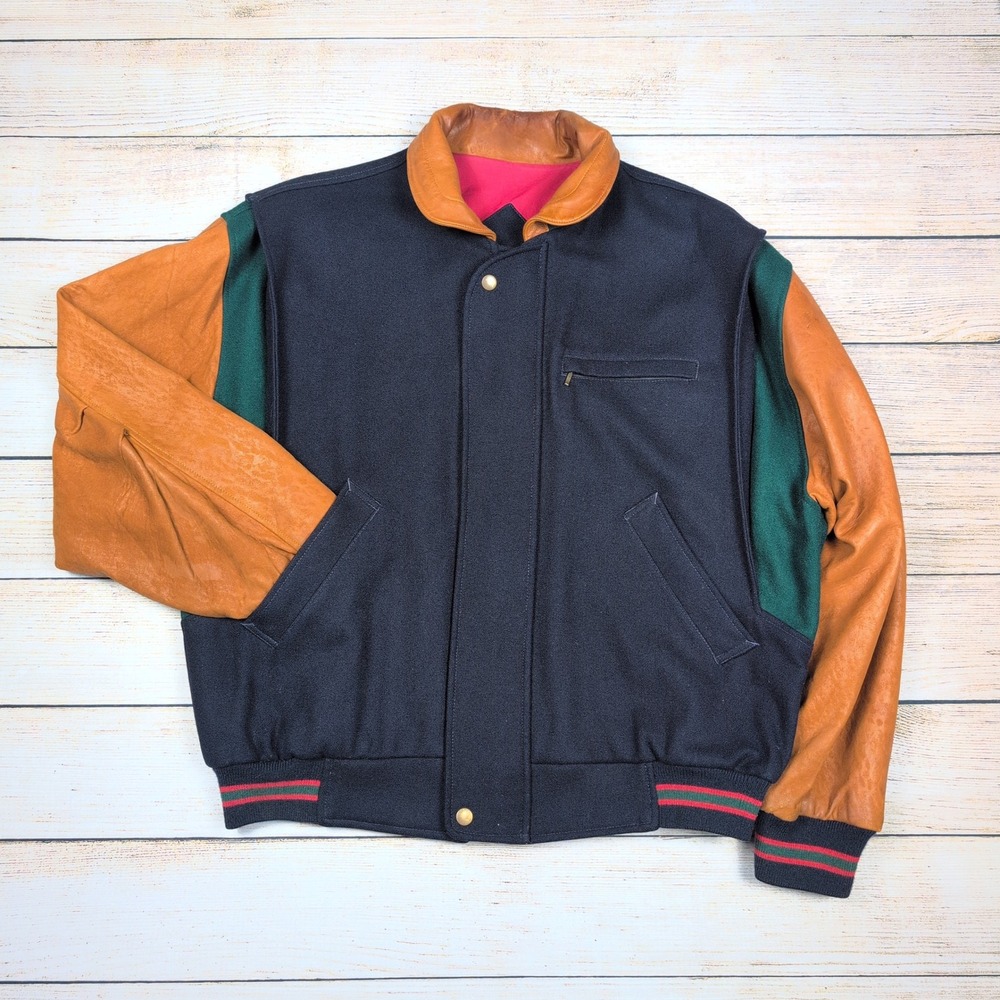 VTG 90s GANT Wool Blend Leather Sleeve Bomber Varsity Jacket Mens L Color Block